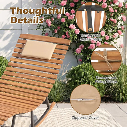 COSTWAY Outdoor Rocking Chaise, Lounge Acacia Wood Patio Lounger with Slatted Seat & S-Shaped Design, Rocking Sun Lounge with Padded Headrest, for Backyard Poolside Garden Outdoorfun